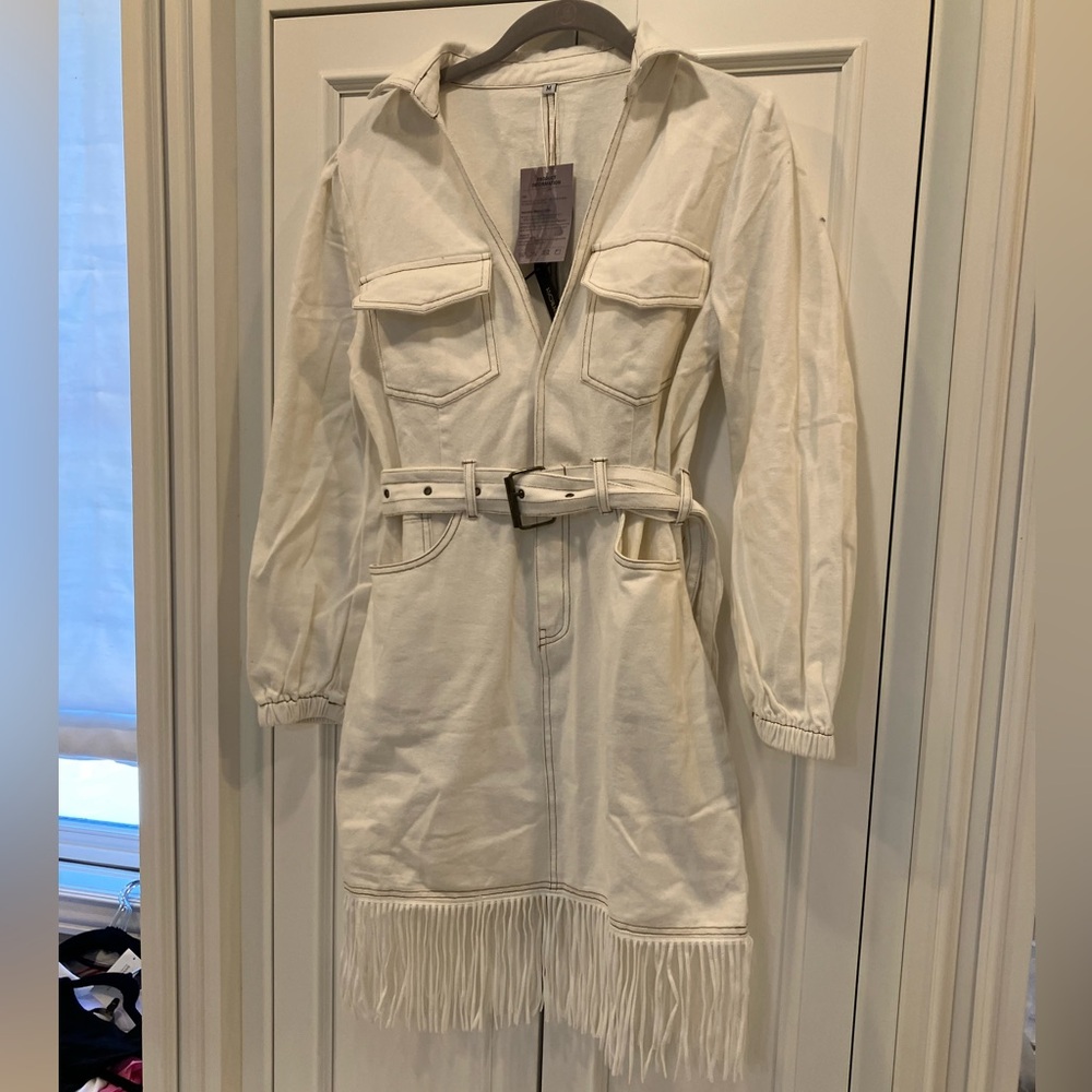 Long Sleeve White Fringe Dress